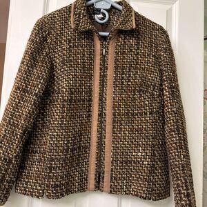 Lucien Daunois 100% Wool Jacket Tweed Brown Zip Up Boucle Mens 42